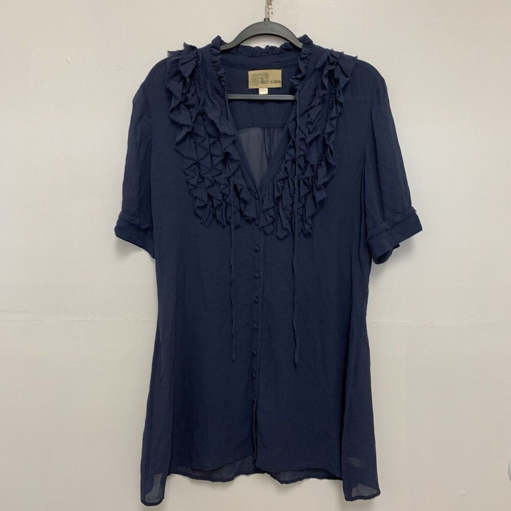 Project Alabama Ruffle 100% Silk V Neck Blouse Shirt Blue Size 10